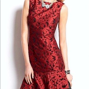 Ann Taylor Red Jacquard Lace Flounce Dress